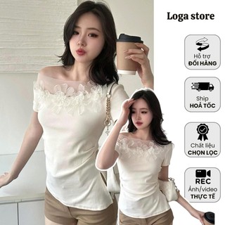 Áo Trễ Vai Kèm Hoa 3D Trắng ,Áo Nữ Lệch Vai Đính Hoa 3D Trước Ngực Nhẹ Nhàng,Nữ Tính Logastore_L0333