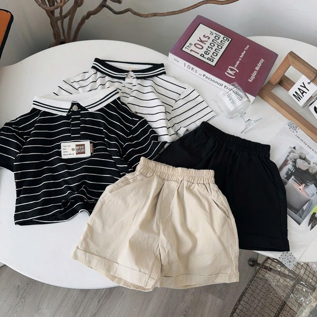 Set Bộ Quần Áo Polo Cổ Dệt Phối Kẻ Thời Trang Cho Bé Trai Đi Học Đi Chơi  ( C0619+B2352)