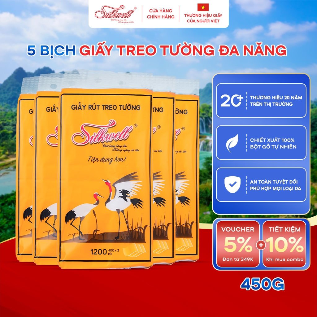 [Combo 5 bịch] giấy rút treo tường đa năng SILKWELL 450g, 2 lớp, siêu dai làm từ bột giấy thiên nhiên