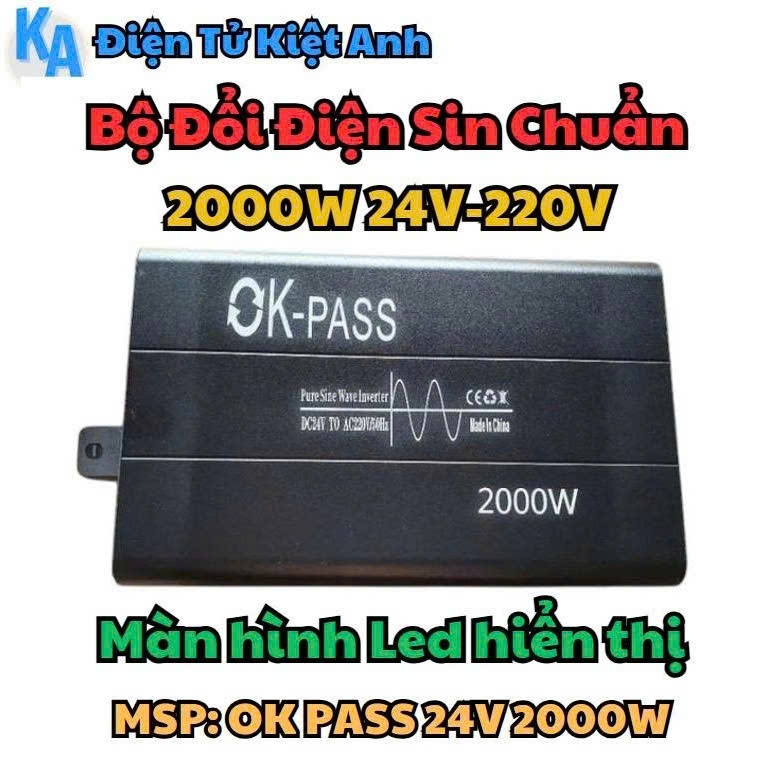 Bộ đổi điện sin chuẩn 2000W 24V sang 220V có màn hình hiển thị - Ok PASS 24V 2000W