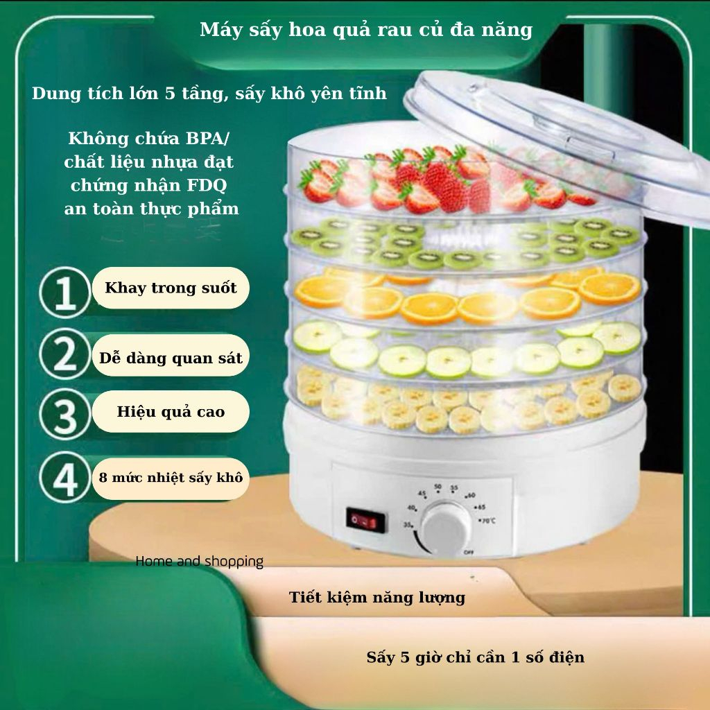 Máy sấy hoa quả thực phẩm 5 tầng có 8 mức nhiệt sấy khô thực phẩm, khay trong suốt dễ quan sát- BẢO HÀNH 6 THÁNG
