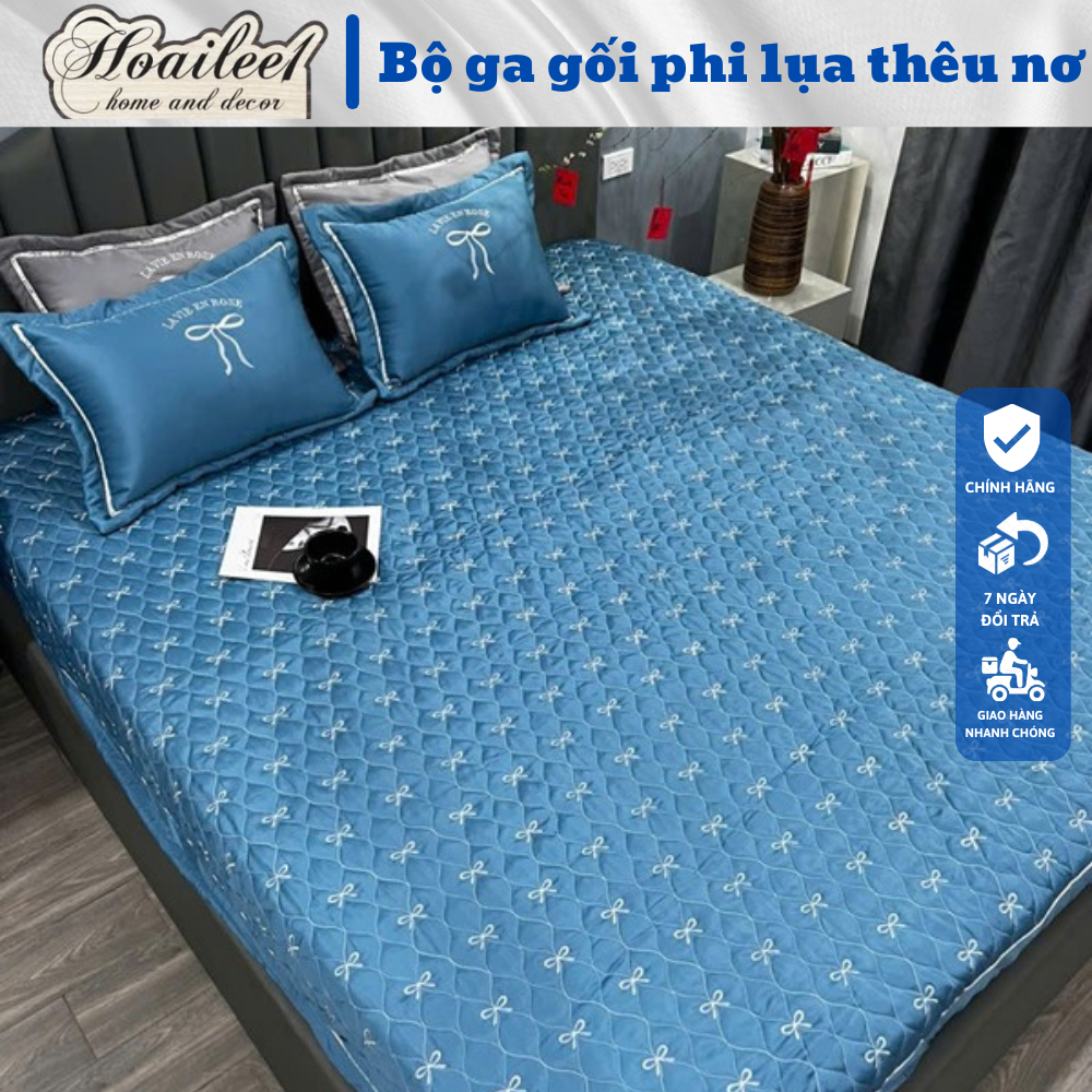 Bộ 3 Món Ga Gối Trần Bông Phi Lụa Thêu Nơ Điệu Đà, Vải Lụa cao cấp Mềm Mại Óng Nhẹ Đủ Kích Thước