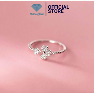  Nhẫn nữ THJ - Nhẫn cỏ 4 lá freesize đính đá chuẩn bạc ta-THU HUONG SILVER 