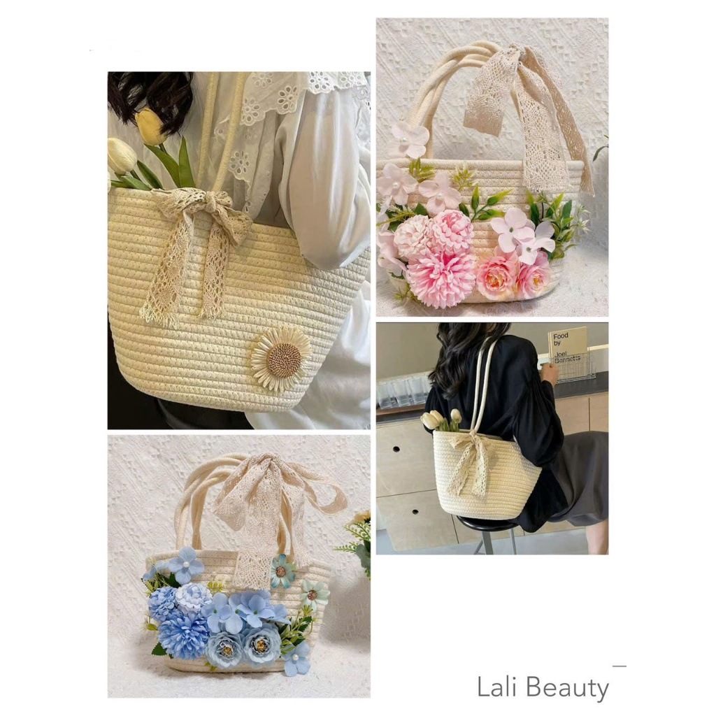 TÚI Cói Đi Biển Vintage Xách Tay Phối Dây Ren Nơ Tiểu Thư