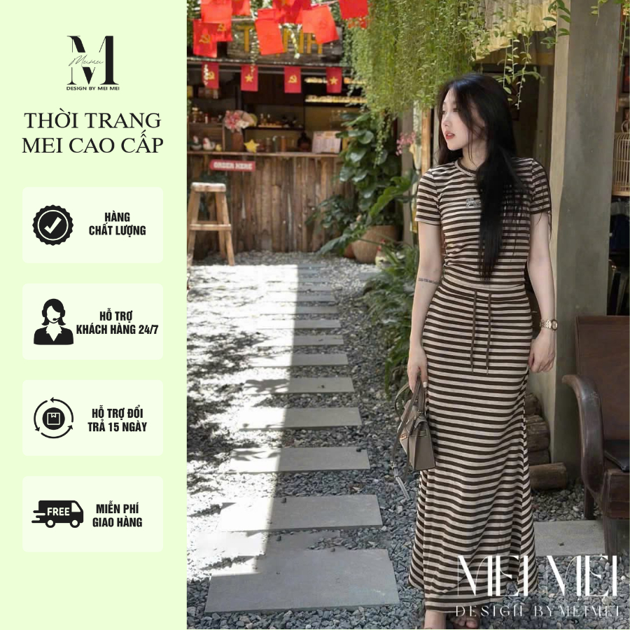 Set Váy Nữ MieMie Áo phông Kẻ Phối Chân Váy Dáng Dài Sexy Mặc Đi Chơi ST20168 Ver6
