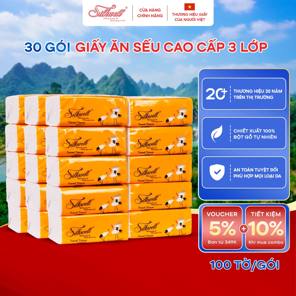 [Thùng 30 gói] giấy ăn rút lụa SILKWELL Sếu cao cấp 100 tờ 3 lớp dày dặn, mềm mịn, siêu dai