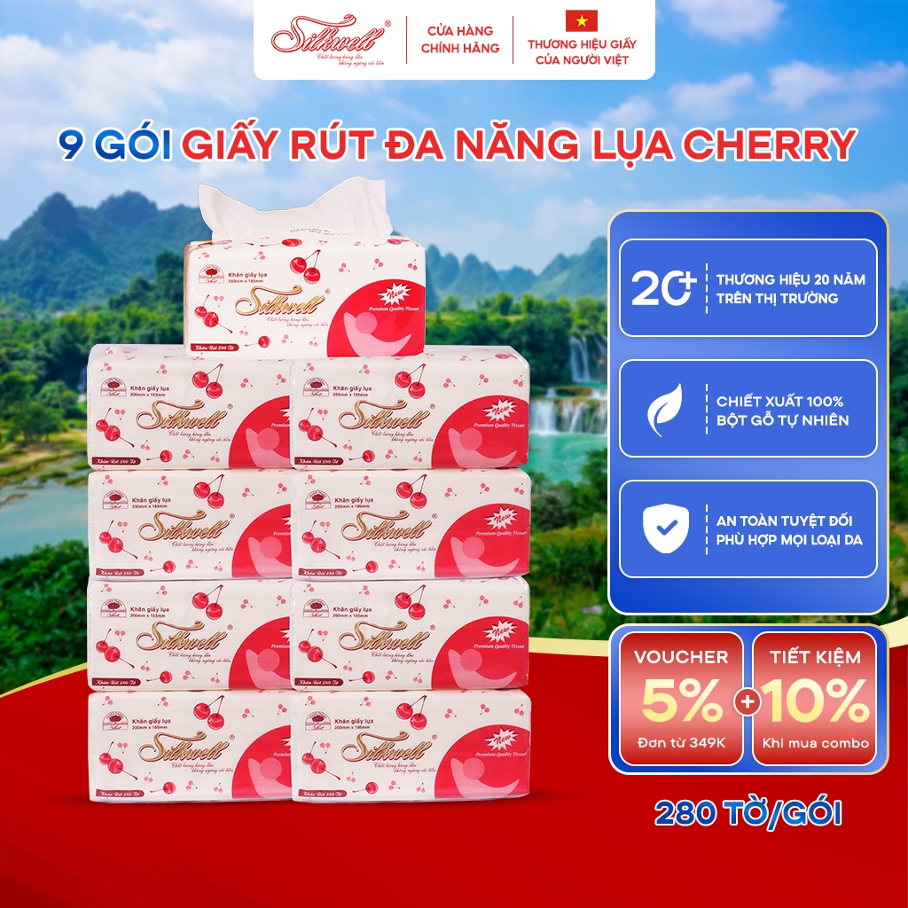 [Thùng 9 gói] Giấy ăn rút lụa SILKWELL Cherry 280 tờ 2 lớp mềm mịn, siêu dai, làm từ bột giấy thiên nhiên