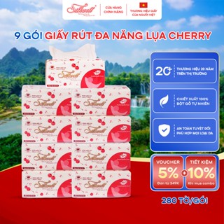 [Thùng 9 gói] Giấy ăn rút lụa SILKWELL Cherry 280 tờ 2 lớp mềm mịn, siêu dai, làm từ bột giấy thiên nhiên
