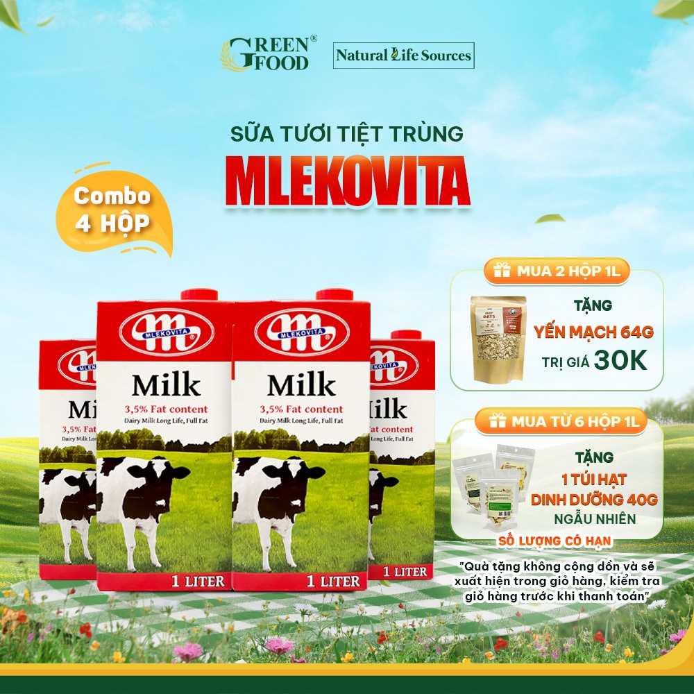 Combo 4 Sữa Tươi Tiệt Trùng Mlekovita Nguyên Kem 1L - Béo Cao 3.5%, Không Đường, Nhập Khẩu từ Ba Lan