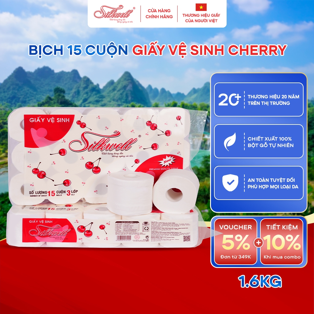 [Combo 3 bịch] giấy vệ sinh SILKWELL Cherry cao cấp 15 cuộn 3 lớp dày dặn, chất lụa mềm mịn siêu dai
