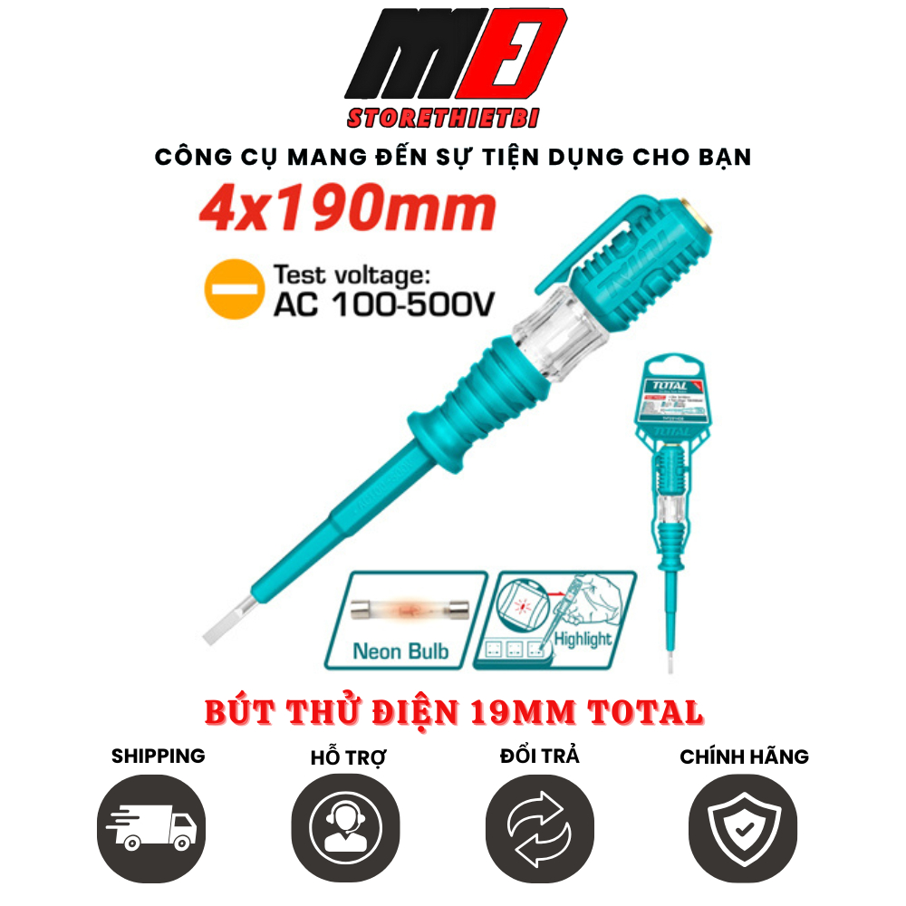 Bút Thử Điện 190mm TOTAL THT291908 Điện áp AC 100-500V Kích thước 4 x 190mm