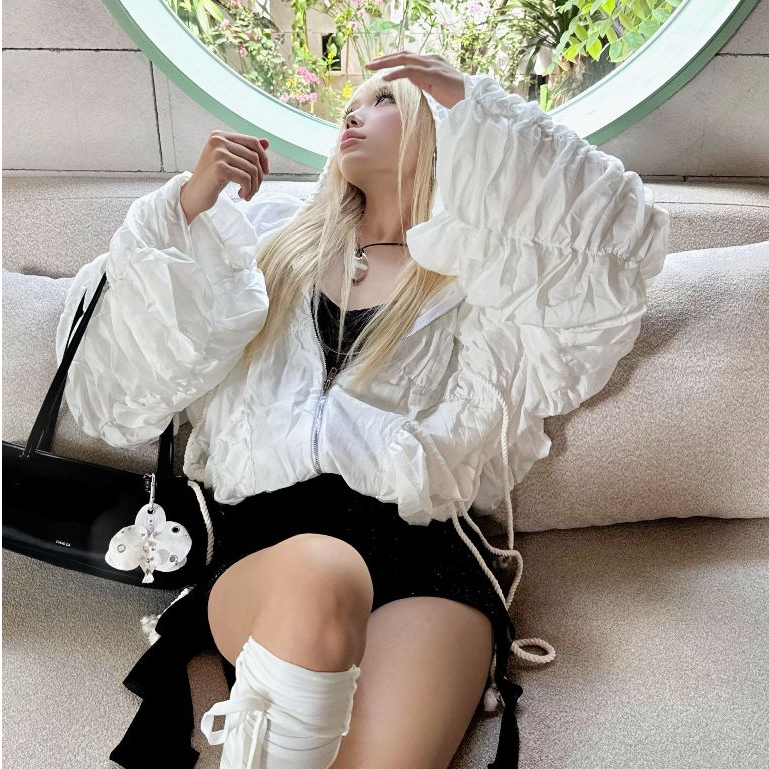 TSUN - Cloudlet Jacket Áo Khoác Nữ Tay Phồng Nhún Bèo Trắng Sexy Gợi Cảm | BigBuy360 - bigbuy360.vn