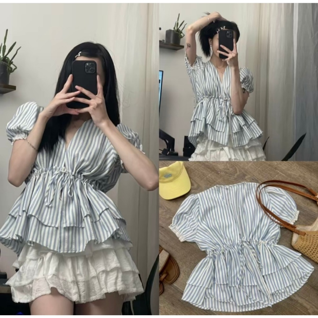 ÁO BABYDOLL KẺ SỌC XANH CỔ V CỘT DÂY NƠ TAY PHỐI REN FORM XÒE KIỂU DÁNG HÀN QUỐC - DÀNH CHO NỮ | BigBuy360 - bigbuy360.vn