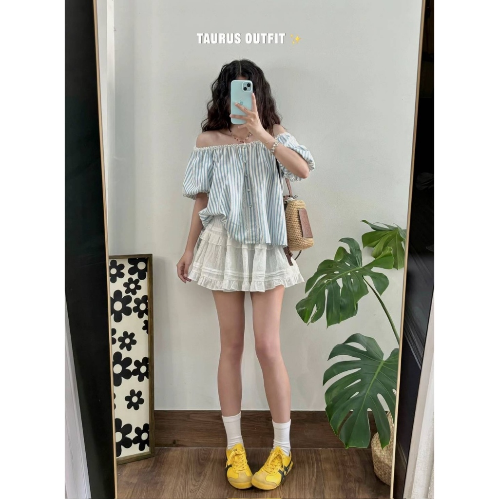 Áo babydoll kẻ sọc trễ vai phối ren cúc bọc ZINA TOP - DÀNH CHO NỮ | BigBuy360 - bigbuy360.vn