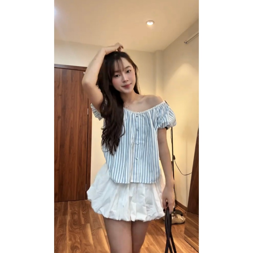 Áo babydoll kẻ sọc trễ vai phối ren cúc bọc ZINA TOP - DÀNH CHO NỮ | BigBuy360 - bigbuy360.vn