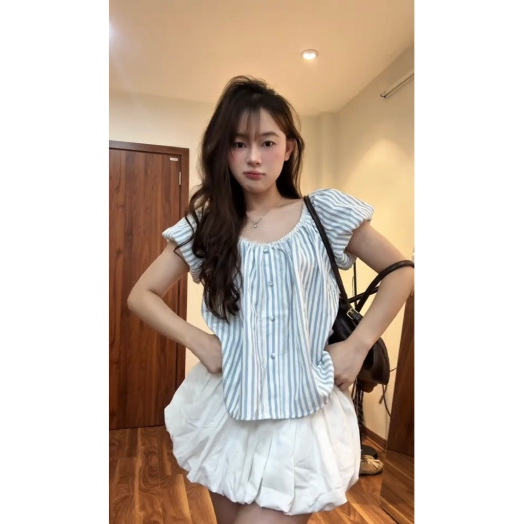 Áo babydoll kẻ sọc trễ vai phối ren cúc bọc ZINA TOP - DÀNH CHO NỮ | BigBuy360 - bigbuy360.vn