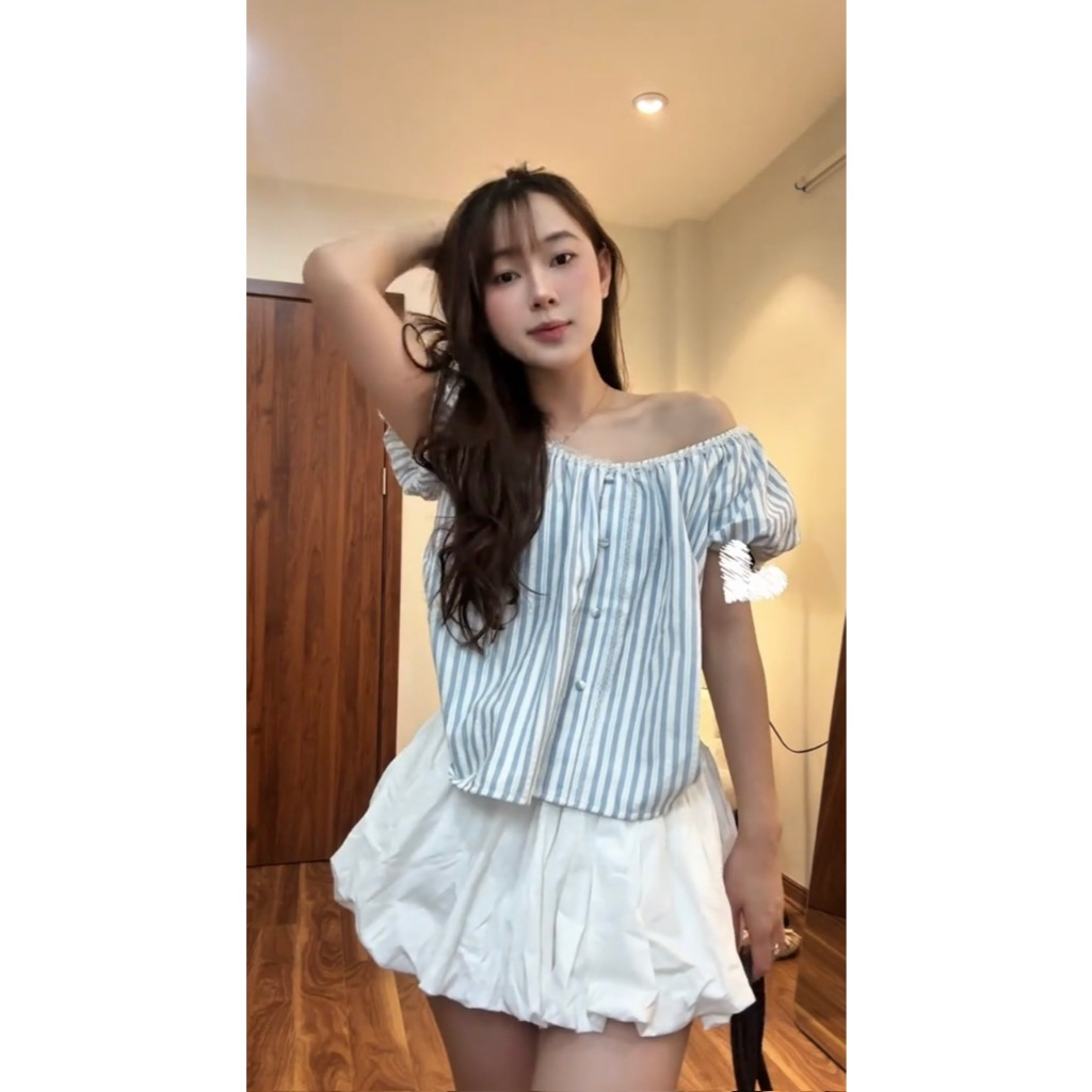 Áo babydoll kẻ sọc trễ vai phối ren cúc bọc ZINA TOP - DÀNH CHO NỮ | BigBuy360 - bigbuy360.vn