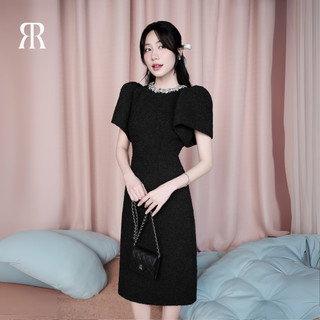  RẬP - Đầm Cổ Tròn Đính Đá Trắng Tay Phồng - PILAN 06 ĐEN 