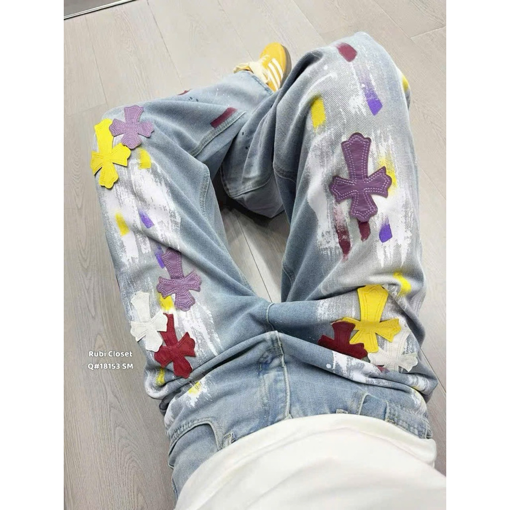 Quần jeans suông chrome hearts sơn mài