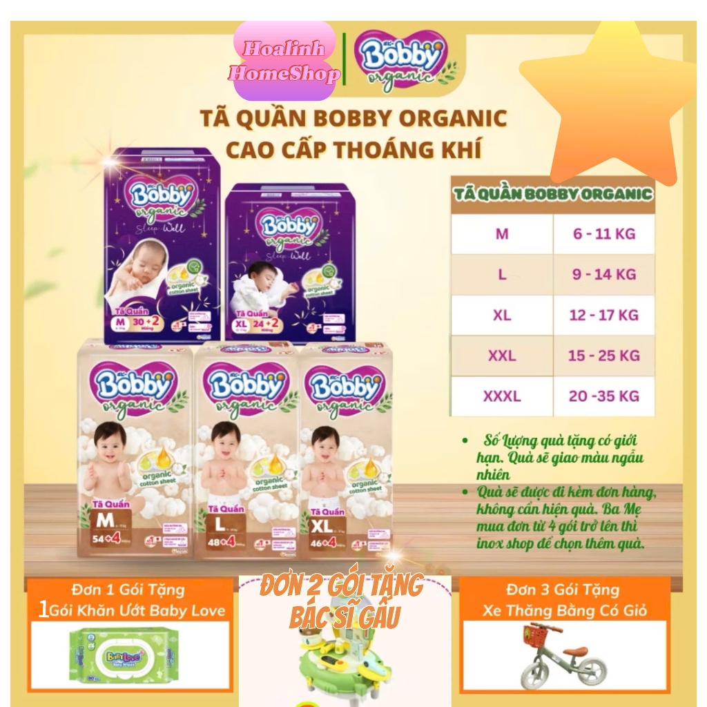 Tã quần BOBBY ORGANIC Size Cotton Hữu Cơ, Thoáng Khí, Chống Tràn, Dịu Nhẹ Cho Bé Hoalinh-HomeShop