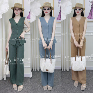 E548 LEOSWEARING Set đồ bộ nữ linen xước cao cấp, áo gile dáng dáng cổ V mix quần ống suông