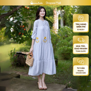  SWANLAKE | Váy Đầm Nữ Suông Maxi Xếp Ly Xòe Vải Tơ Có Túi Thêu Hoa Cổ Tròn Thắt Nơ Tay Bí Lỡ D09551 