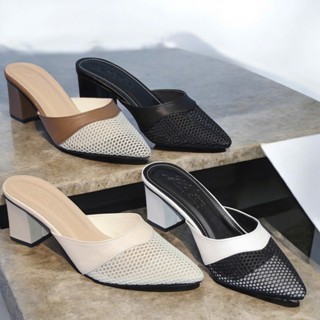 (Chân đầy đôn size) Giày Sục nữ cao gót vuông 5p và 7p bít mũi quai lưới viền phối màu - BM147