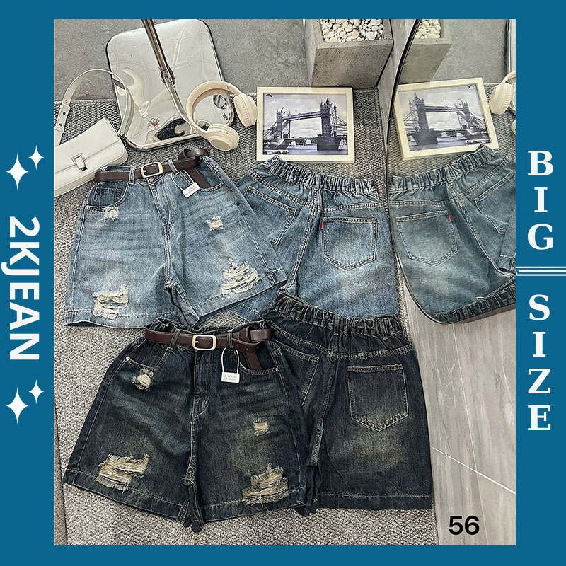 Quần short ngố jean nữ rách đùi bigsize 55-85kg, quần ngố lửng rách cạp lưng thun QC56 2KJeans