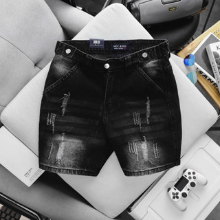 Quần short jean nam ống rộng form ngắn màu đen túi chéo mặc trên gối cotton slimfit