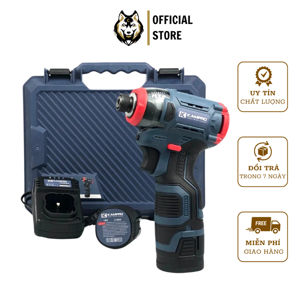 Máy chuyên vít KAMPRO 7028 Không Chổi Than, 3 Tốc Độ Có Búa dùng pin 4 Cell