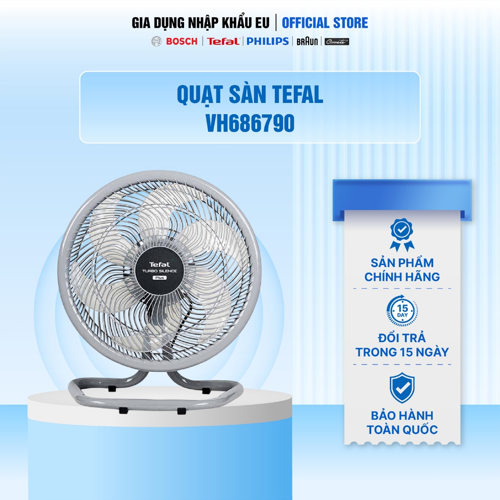 Quạt Sàn Tefal Turbo Silence Plus VH686790 Làm Mát Nhanh, Thiết Kế Tiết Kiệm Không Gian, Quạt 6 Cánh, Công Suất 80W