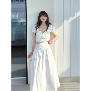 Set áo croptop kiểu tay phồng cổ vuông phối ren và chân váy dáng dài nhún hack eo xòe chất thô cotton đủ size XS SML