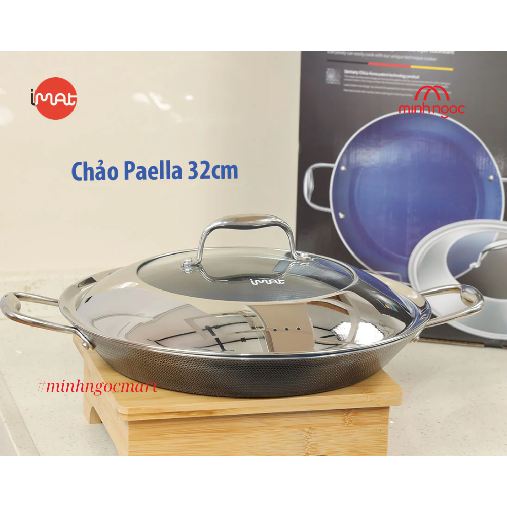 Chảo đa năng size đại 32cm iMat Hybrid Paella,chống dính Ceramic lòng xanh. Chiên, xào, áp chảo...