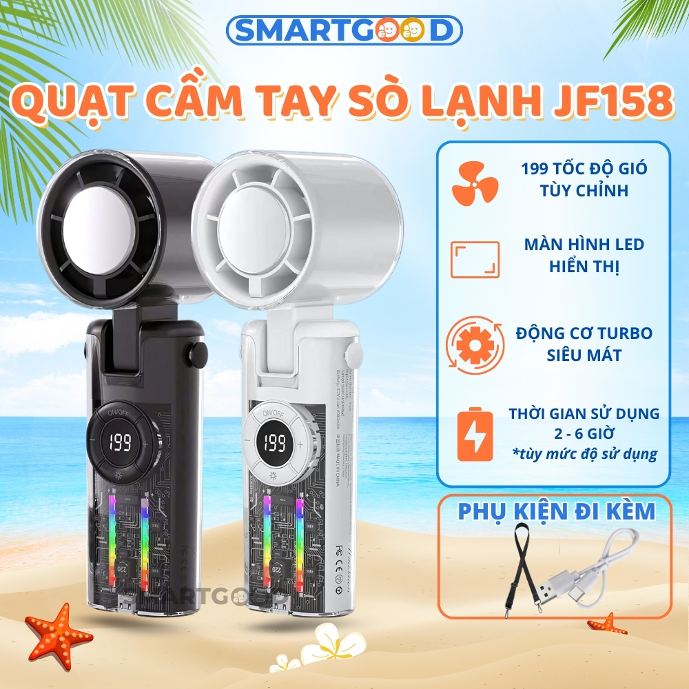 Quạt Tích Điện Mini Cầm Tay JF158 Có Sò Lạnh, Quạt Sò Lạnh 199 Cấp Độ Gió Kèm Đèn LED SmartGood
