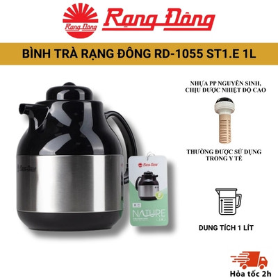 Phích pha trà Rạng Đông Model: 1055 ST1.E 1L nắp bấm chống rò rỉ nước, ruột thủy tinh giữ nhiệt cao cấp, an toàn sử dụng