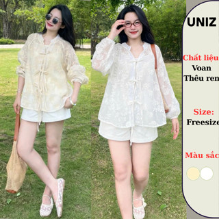 Set kèm quây Áo Babydoll Ren Hoa Tay Dài Tay Bồng Buộc Nơ UNIZ BbdE35