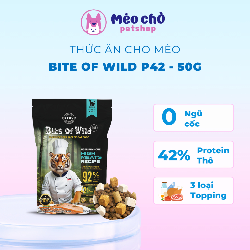 Hạt Cho Mèo Bite Of Wild Cao Cấp P42 Gói Dùng Thử 50G Chứa 92% Hàm Lượng Thịt Mix Kèm Viên Sấy Khô