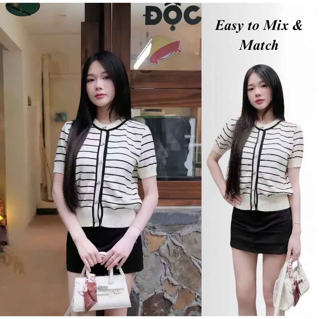 Áo Len Nữ, Áo Len Kẻ Sọc Cardigan Cúc Nơ Tay Ngắn – Form Ôm Basic Dễ Dàng Phối Đồ HT21