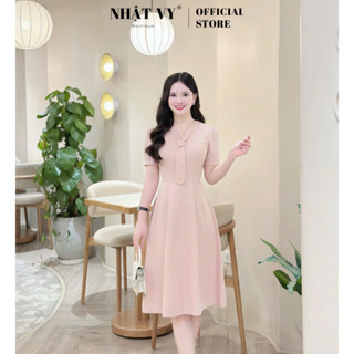 Đầm nữ Nhật Vy kẻ sọc cổ V tay nhắn dáng xoè chất sọc kẻ thêu công sở dự tiệc màu xám xanh đen hồng - D3349