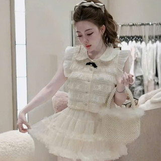 Set váy nữ chất ren qc, áo cổ bẻ sát tay phối bèo đính nơ đen phối chân váy voan ngắn nhiều tầng siêu bánh bèo, đáng iu