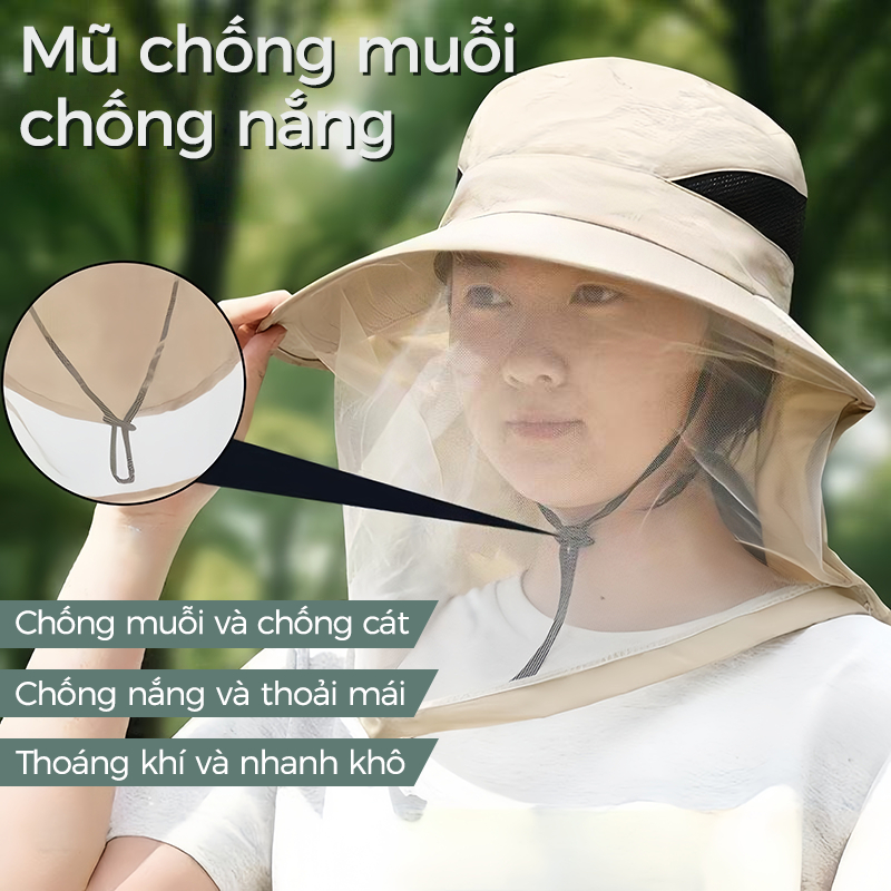 Mũ Chống Nắng Có Lưới Chống Muỗi Khi Leo Núi Đi Câu Cá Tiện Lợi Vải Thoáng Khí Mát Mẻ UPF50+