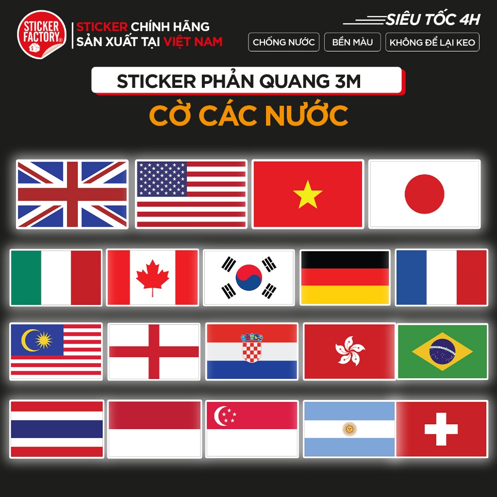Sticker CỜ CÁC NƯỚC phản quang 3M nhiều mẫu – Hình dán trang trí xe, nón bảo hiểm STICKER FACTORY