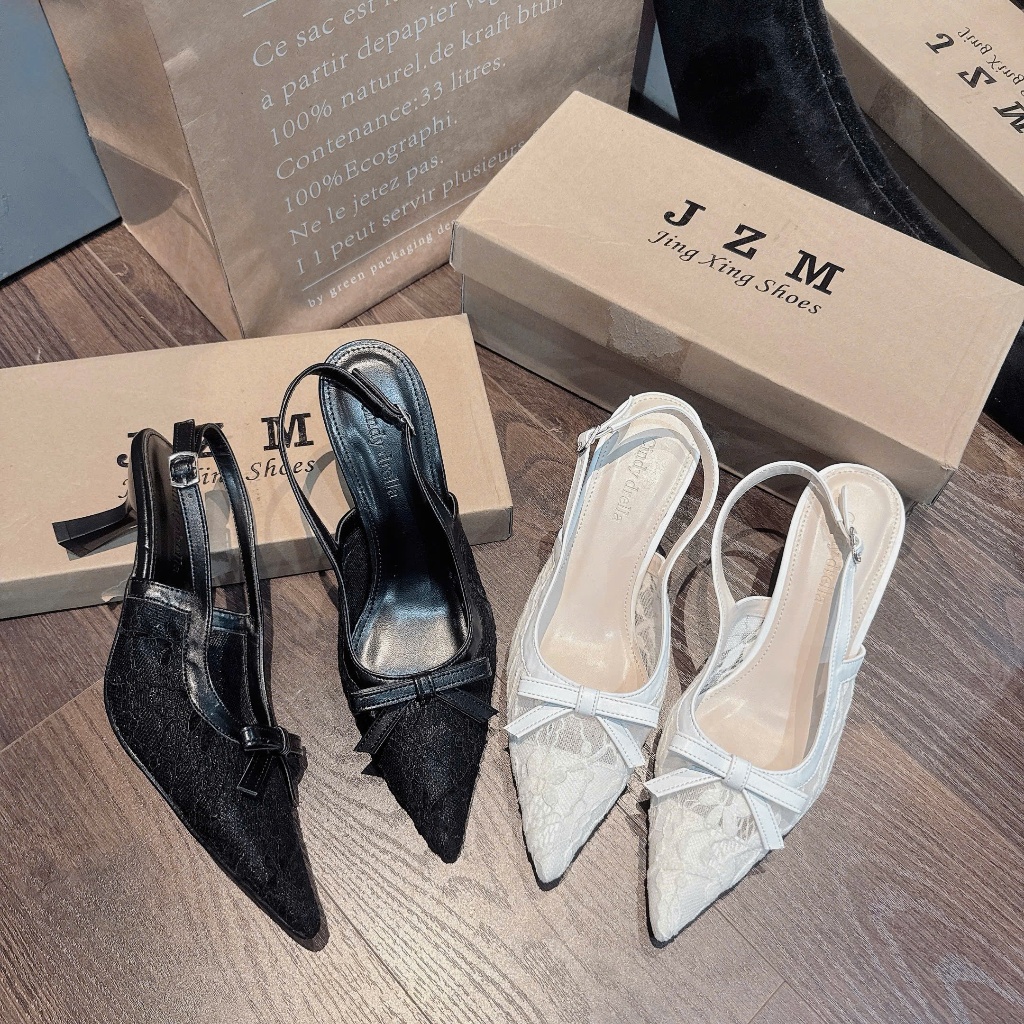 NS1 Sandal cao gót búp bê lưới nơ nhí 5 cm - Bonita Shoes 101