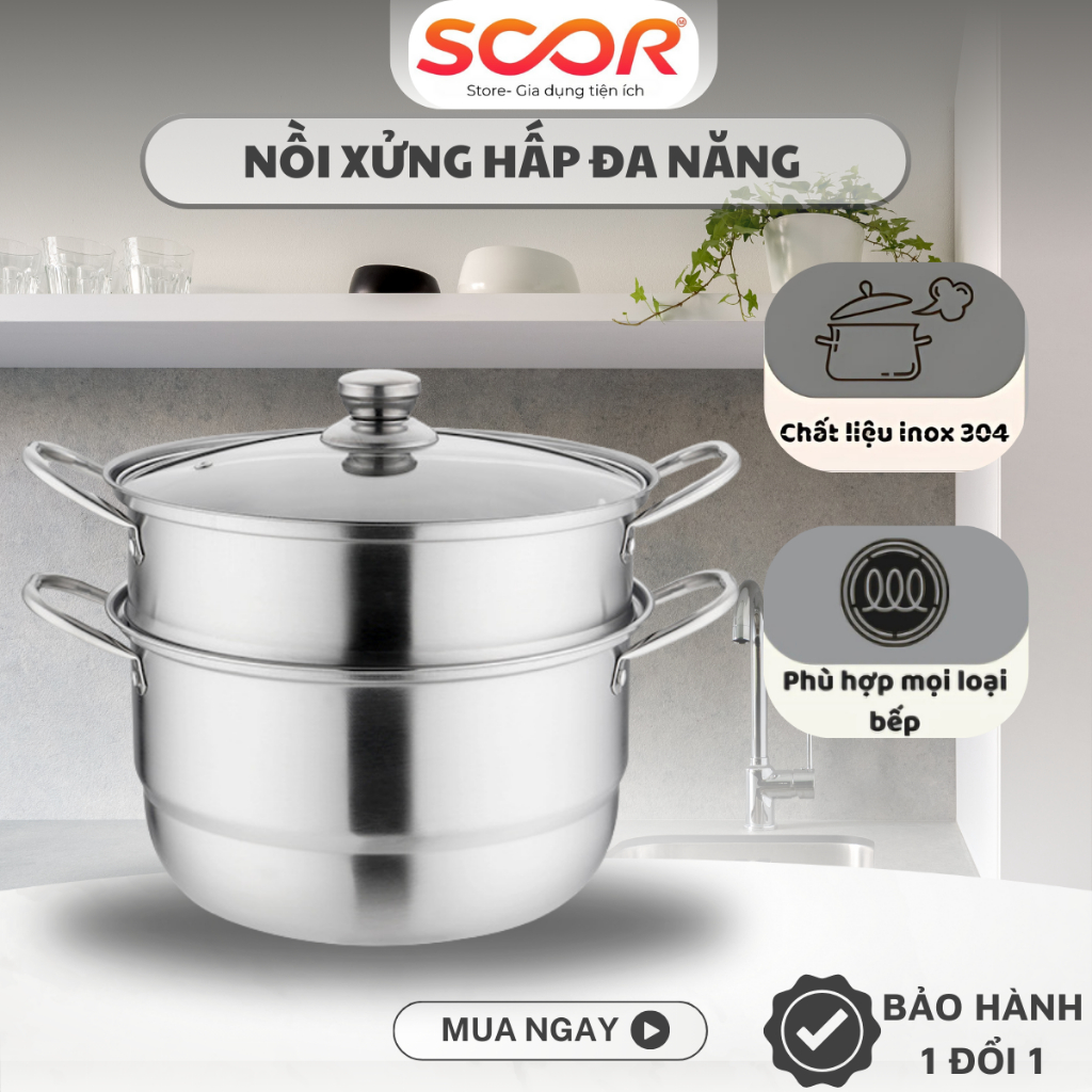 Nồi Xửng Hấp INOX 304 Hai Tầng, Đáy 5 Lớp, Đường Kính 26Cm, Hấp Cách Thủy, Dùng Cho Mọi Loại Bếp, Có Bảo Hành X537