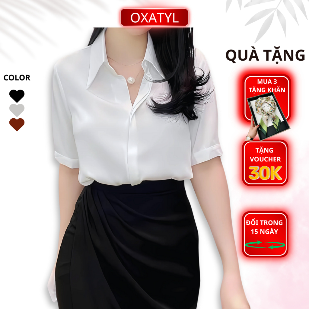 Áo sơ mi nữ tay cộc OXATYL A55 chất vải lụa mềm mặc mùa hè phong cách công sở sang trọng | BigBuy360 - bigbuy360.vn