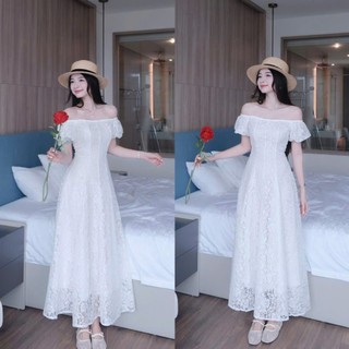  Đầm váy nữ chất ren 2 lớp trễ vai tay bo ngắn dáng dài xòe maxi cho nàng đi chơi dự tiệc lên hình cực sang siêu xinh 
