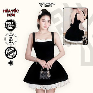  Đầm Tiểu Thư 2 Dây Cổ Vuông Phối Ren Hở Lưng GenY Đầm dự tiệc xinh Gợi Cảm Kèm Quần Bảo Hộ V09 