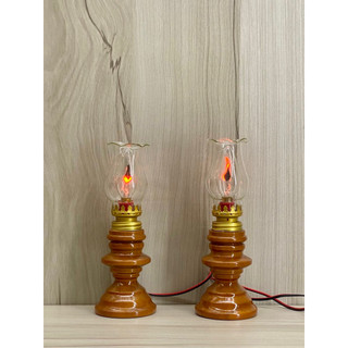 Cặp đèn dầu điện 220V - đèn gỗ + thủy tinh, đèn bàn thờ cao 20cm