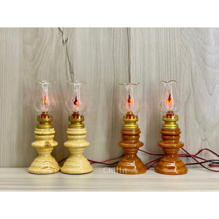 Cặp đèn dầu điện 220V - đèn gỗ + thủy tinh, đèn bàn thờ cao 20cm