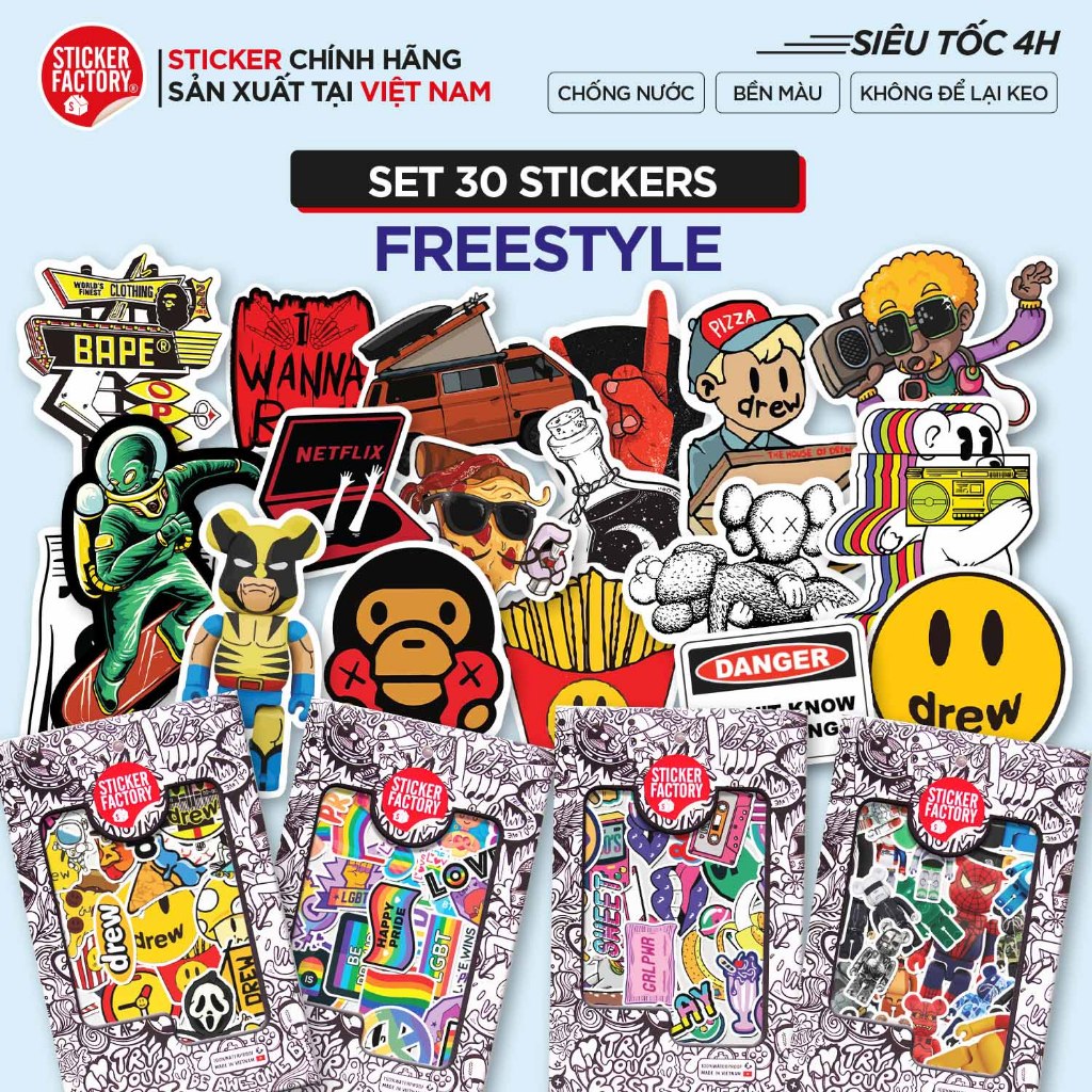 Set 30 sticker FREESTYLE, MUSIC, VINTAGE - Chống nước, hình dán nón bảo hiểm, laptop, xe máy, ô tô -